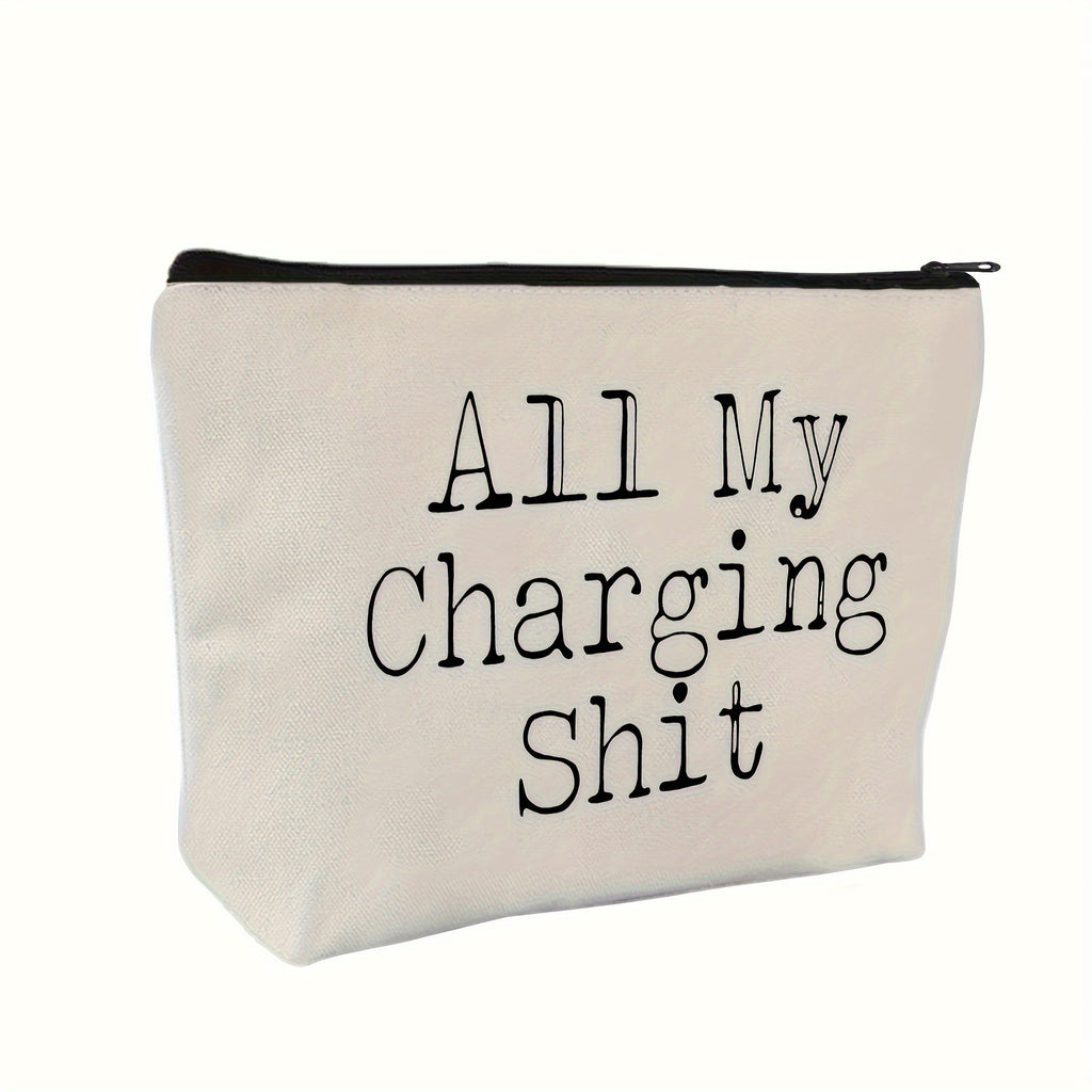 Funny 'All My Charging Sh*t' Canvas Zipper Pouch - Cord Organizer for Electronics & Phones, Non-Waterproof