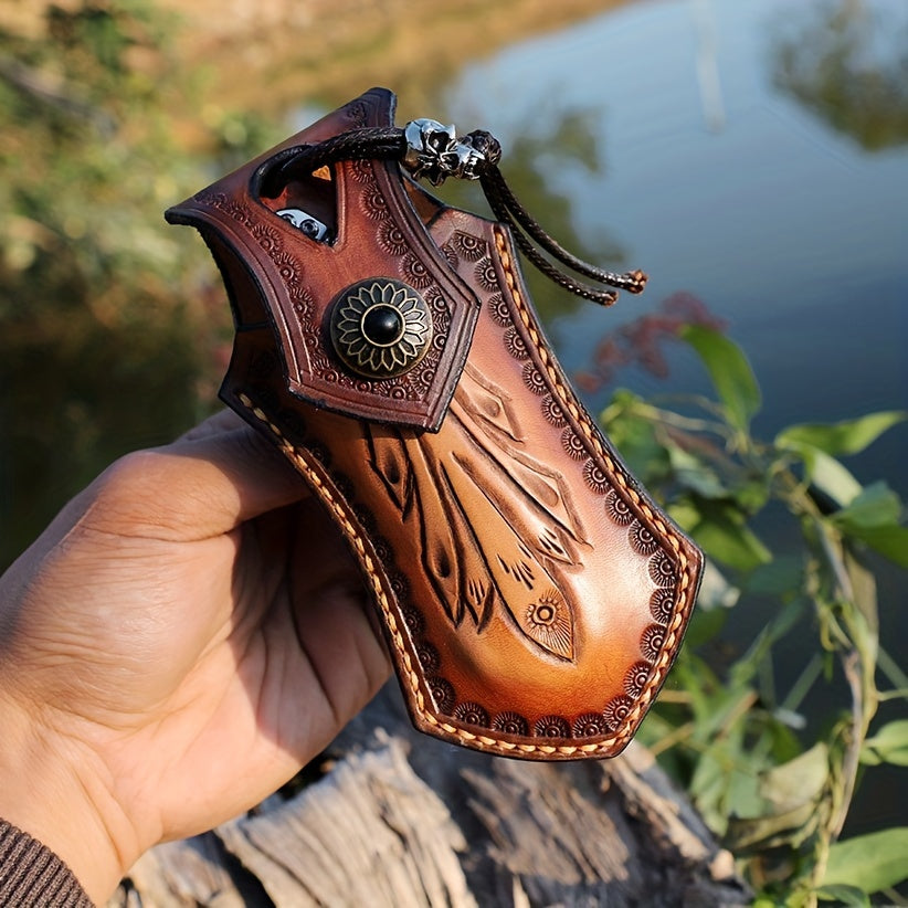 1PC Handmade High Quality Damascus Steel Pocket Knife, High Hardness Sharp Blade, Men's Folding Knife With Leather Sheath, Liner Lock, Red Sourwood Handle, Pocket Clip, EDC Outdoor Camping, Mountaineering Travel Carrying Tool