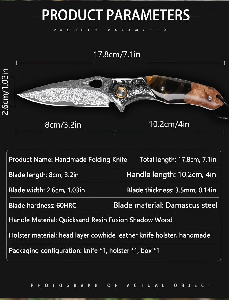 Elite Damascus Steel Pocket Knife - High-Carbon, Razor-Sharp, Ergonomic Maple Handle, Premium Sheath, Ultimate Camping, Survival, Mountaineering, Hiking, Fishing, EDC Companion for Men and Women