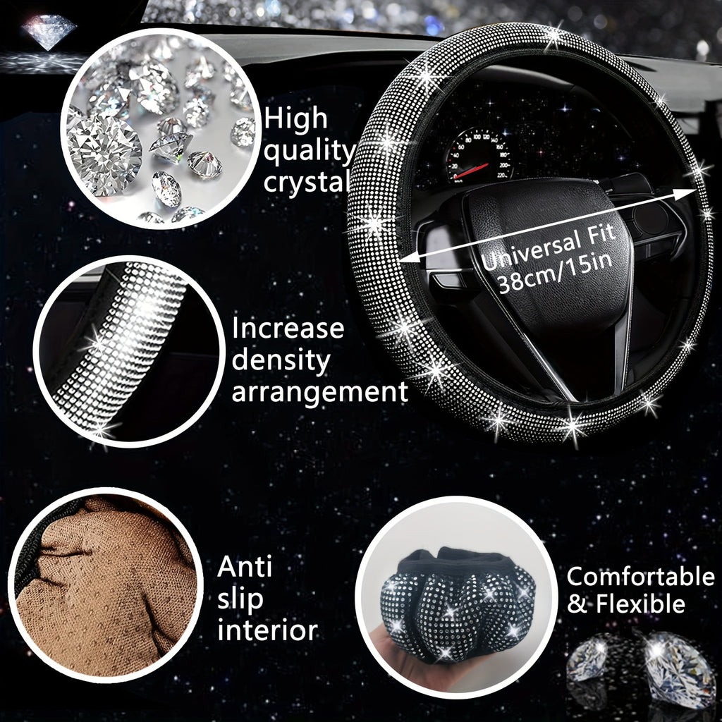 27pcs Bling Car Accessories Set for Women, Bling Steering Wheel Covers Universal Fit 15 Inch, Bling License Plate Frame, Bling Car Phone Holder, Bling Car Coasters, Bling Car Fast Charger, Bling Valve Caps