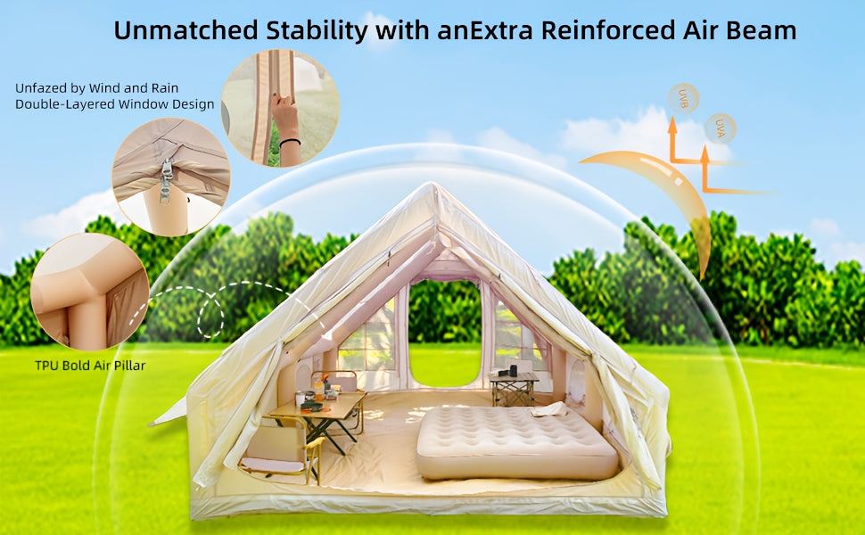 8-10 Person Inflatable Camping Tents, 129 SqFt Large Air Tent, Winter Blow Up Tent with Stove Pipe Port, 4-Season Glamping Tent with Large Mesh Windows& Zipper Closure, for Couples, Group And Family