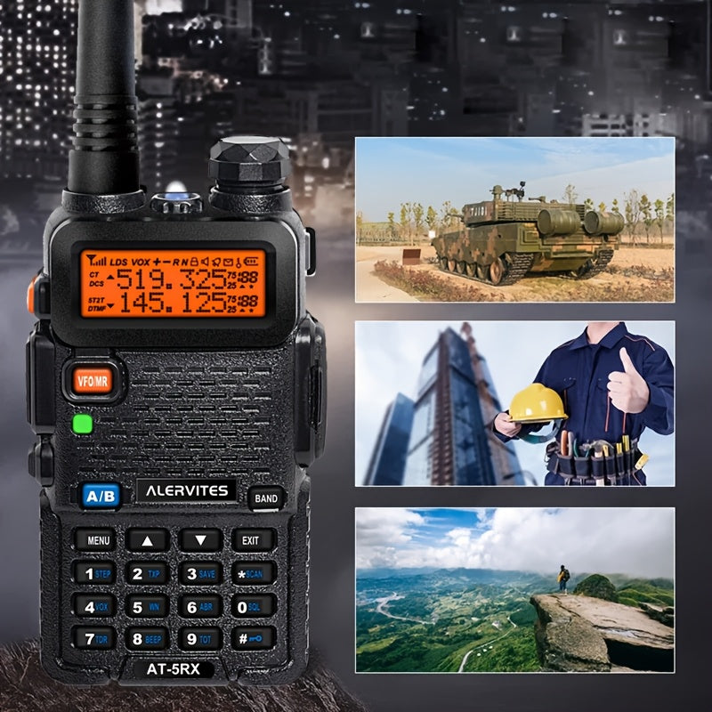 2pcs ALERVITES AT-5RX/5RX High-Power Dual-Frequency Two-Way Radio, 5W/8W Handheld Walkie-Talkie with UHF/VHF Frequencies (65-108/136-174/220-260/350-390/400-479MHz), USB/Battery Powered, LCD Display, Ergonomic Grip, Long Rang