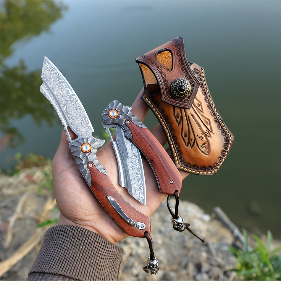1PC Handmade High Quality Damascus Steel Pocket Knife, High Hardness Sharp Blade, Men's Folding Knife With Leather Sheath, Liner Lock, Red Sourwood Handle, Pocket Clip, EDC Outdoor Camping, Mountaineering Travel Carrying Tool