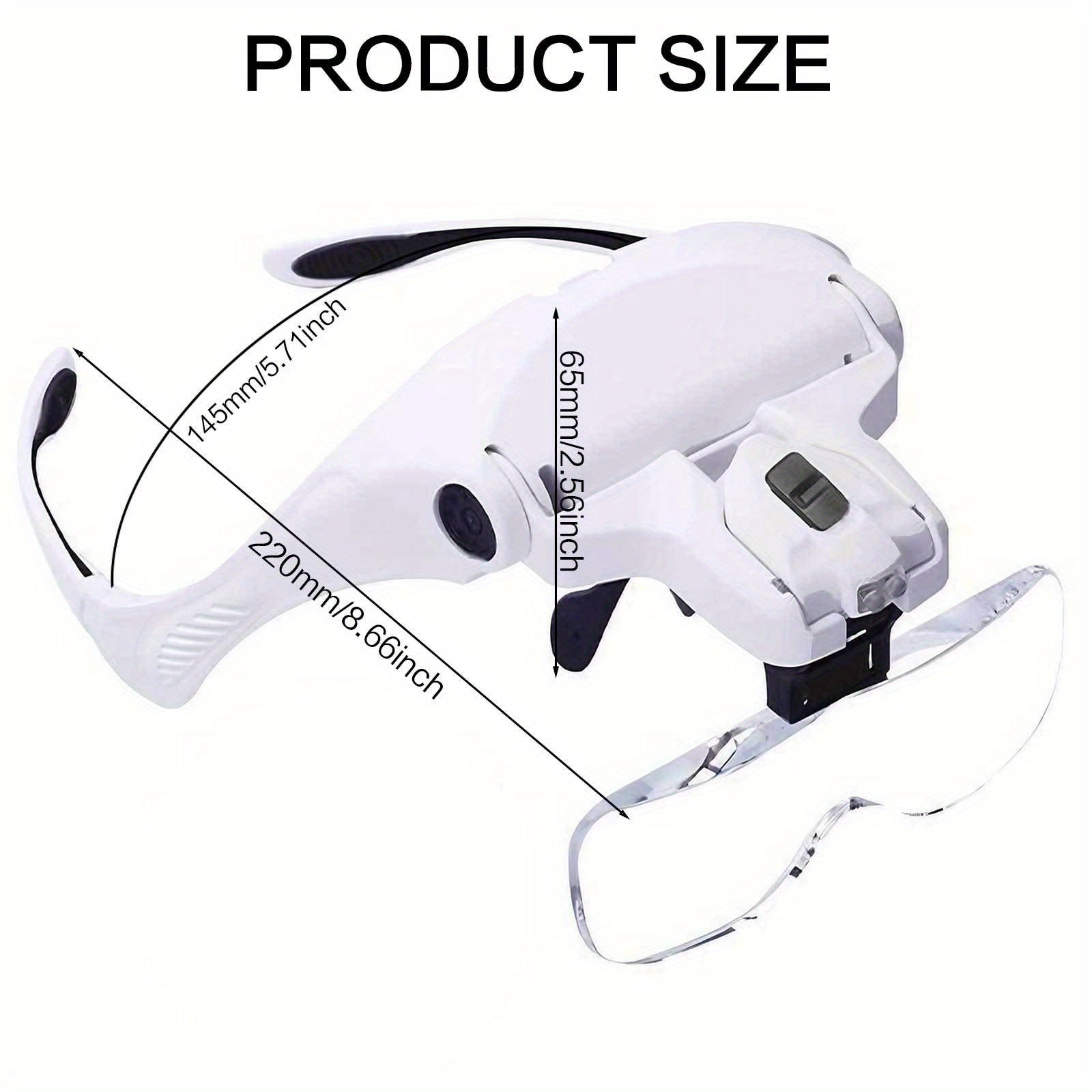 Head-Mounted Magnifier - LED Illumination, Adjustable Headband, Battery Powered with 5 Interchangeable Lenses 1.0X, 1.5X, 2.0X, 3.0X, 4.0X for Reading, Repairing, Jewelry Making, Electronics Maintenance, and Fine Work - Light