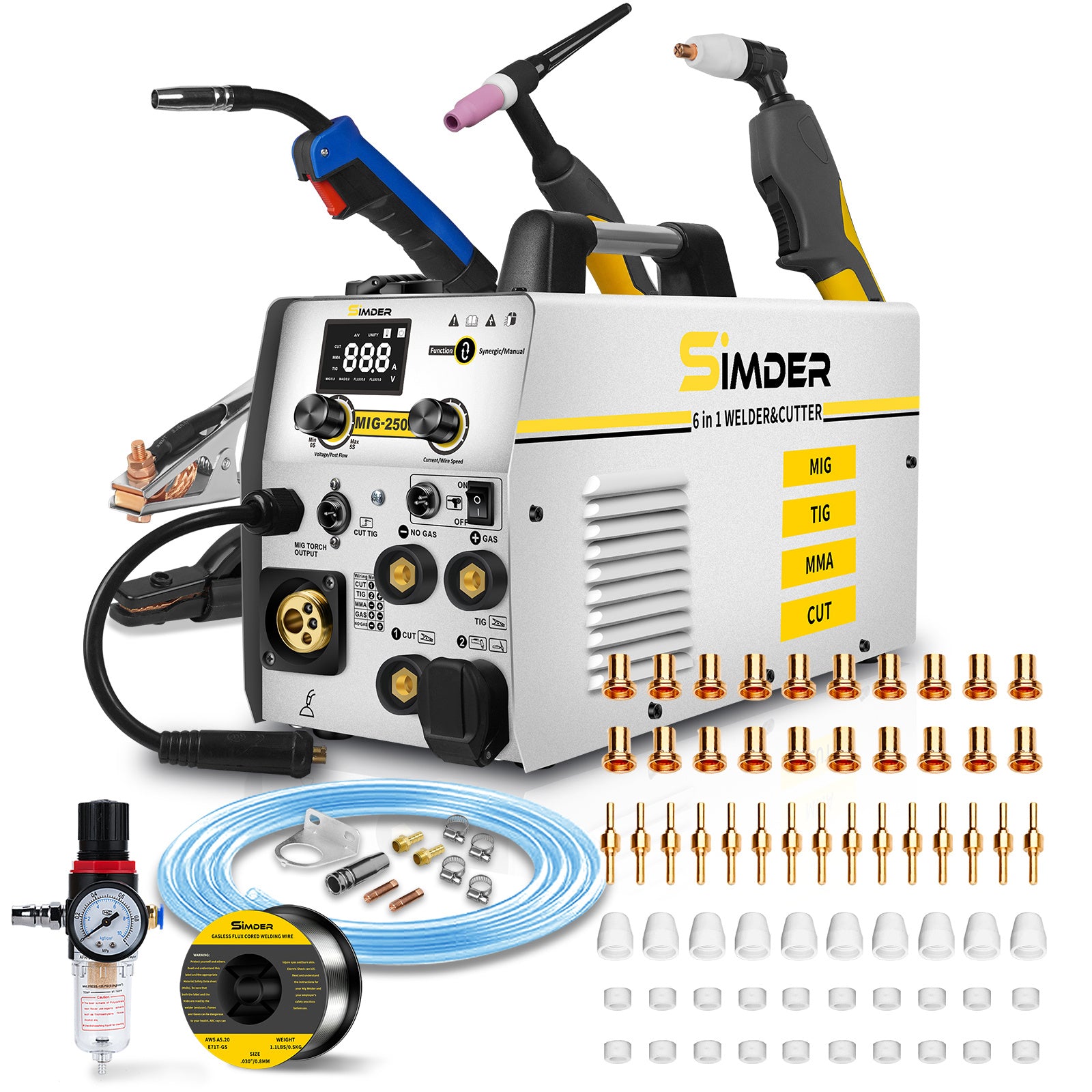 Plasma Cutter Welder MIG Welder Combo 6in1 with 65Pcs PT31 Plasma Cutting Torch Consumable, Gas MIG/Flux Core MIG/Spool Gun/Lift TIG/Stick/Plasma Cutting 110v/220v Aluminum MIG Welder Machine with Complete Welding Accessories