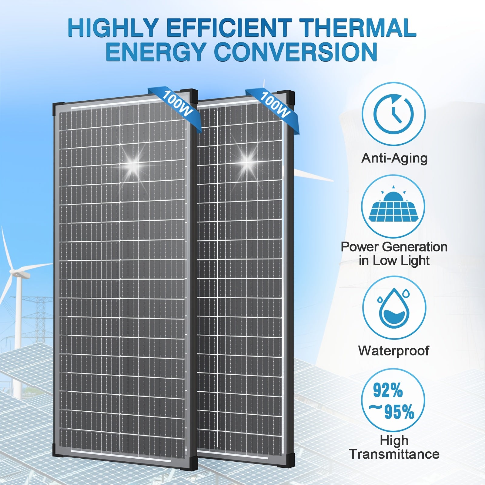 2pcs Double-sided 100W Solar Panels 12V High-efficiency Monocrystalline Double-sided Solar Panels with Busbar Hidden and Waterproof Technology, Ideal for RV, Vehicle, Home Farm Battery Charging, Camping, Outdoor Hiking and Ot