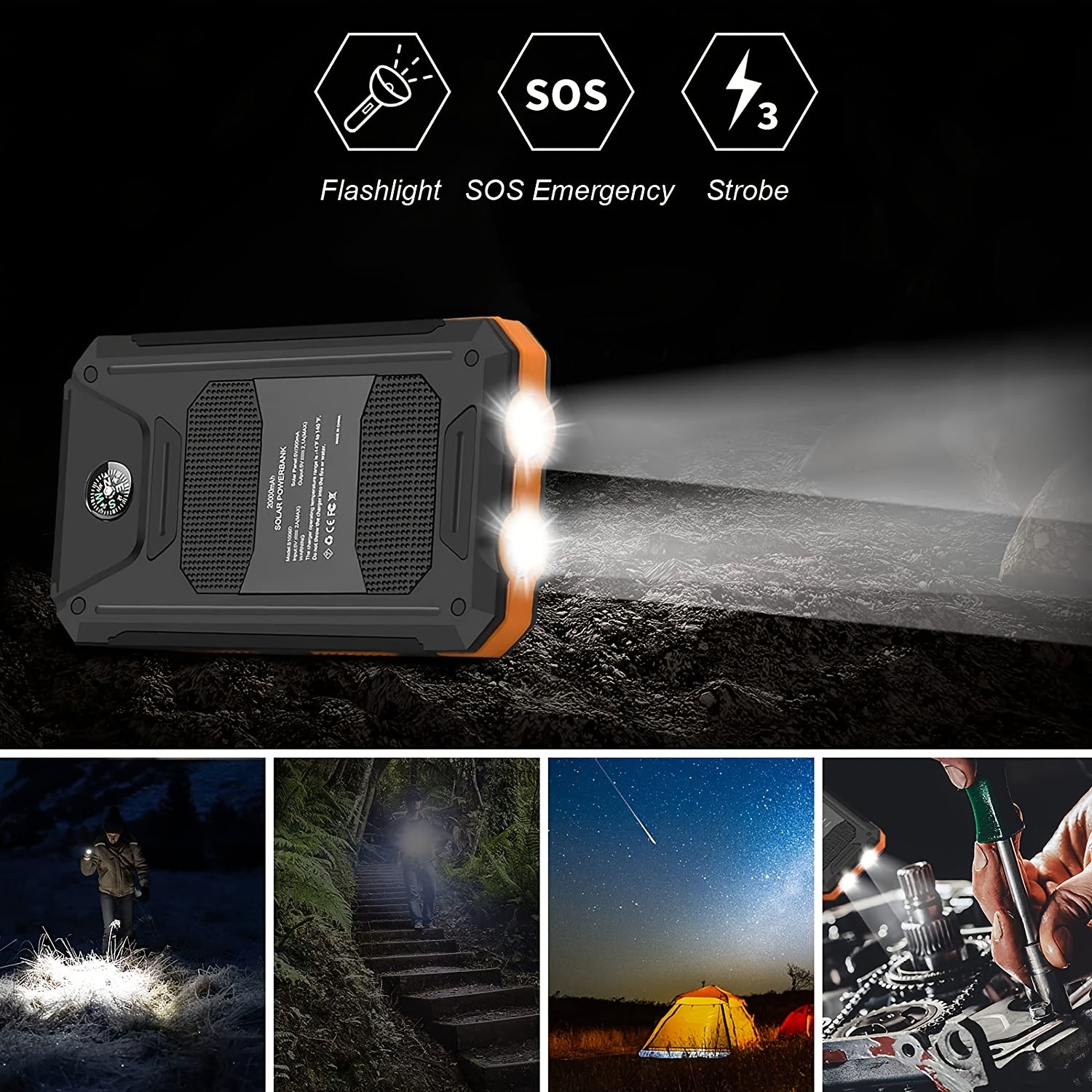 10000mAh/20000mAh Solar Powered Power Bank with Flashlight/USB/Type-C/Micro Interface/compass for Mobile Digital Electronics Devices, Durable and Long-lasting, Travel Camping, LED Flashlight, Hiking Buckle. The Best Gift for