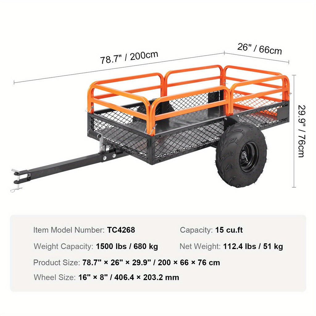 Heavy Duty Steel ATV Dump Trailer, 15 Cubic Feet Capacity, Black & Orange Grid Design with Removable Sides and 2 Tires, Compatible with Mowers, Tractors, ATV, UTV - Ideal for Garden and Farm Use, Outdoor Hauling | Functional