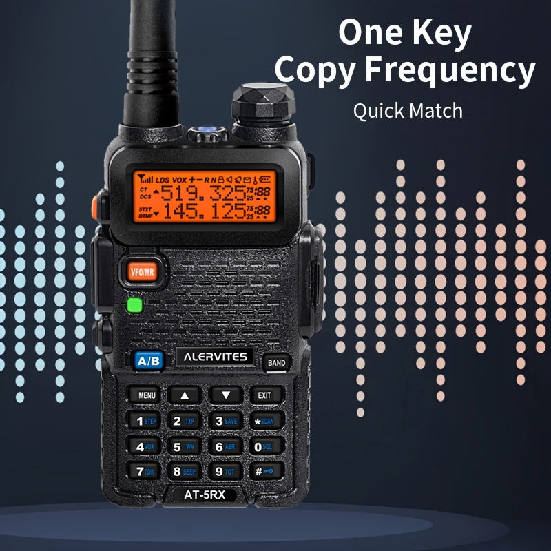 2pcs ALERVITES AT-5RX/5RX High-Power Dual-Frequency Two-Way Radio, 5W/8W Handheld Walkie-Talkie with UHF/VHF Frequencies (65-108/136-174/220-260/350-390/400-479MHz), USB/Battery Powered, LCD Display, Ergonomic Grip, Long Rang