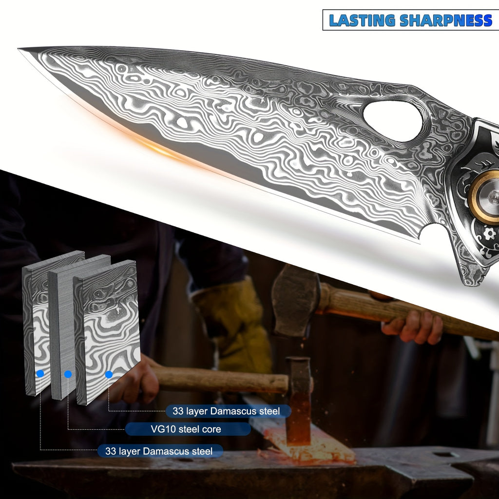 Elite Damascus Steel Pocket Knife - High-Carbon, Razor-Sharp, Ergonomic Maple Handle, Premium Sheath, Ultimate Camping, Survival, Mountaineering, Hiking, Fishing, EDC Companion for Men and Women