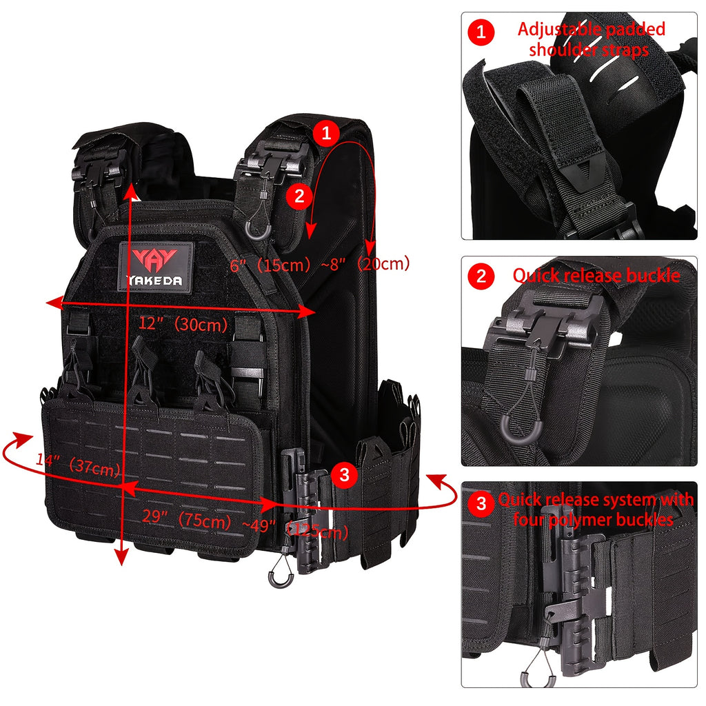 Yakeda 6094 Tactical Vest with PALS/MOLLE System, Multi-Pocket Design, Adjustable Straps & Quick-Release Buckle - Durable Nylon All-Season Black Vest for Running, Hiking, Hunting, Fishing, Festive Events (Adult Sizes), Huntin