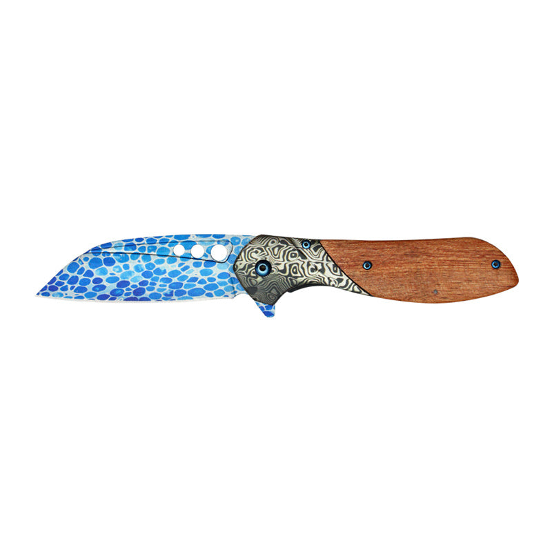 Blue Patterned Wood Damascus Pocket Knife with Clip, Camping, Carving, Fishing, Hiking