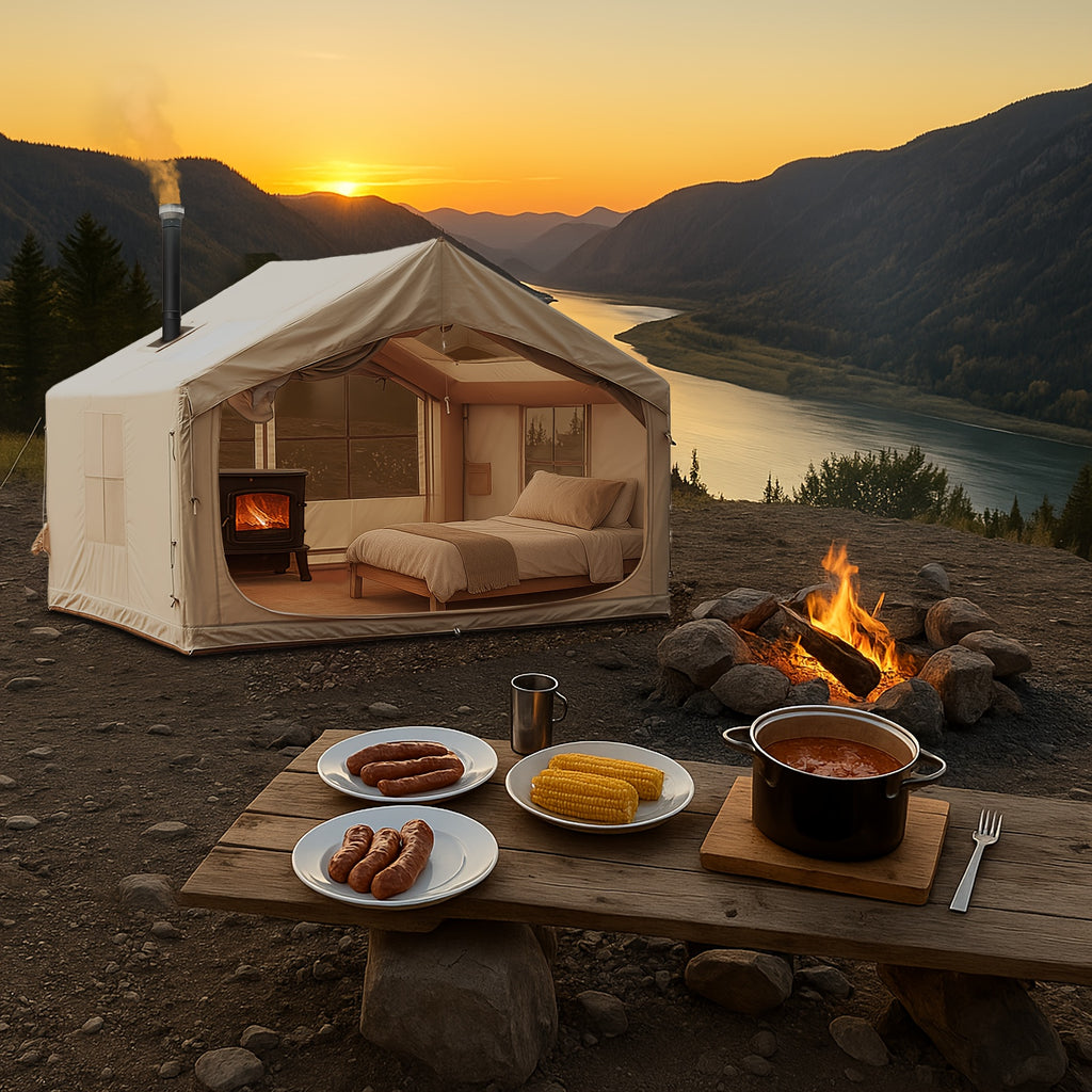 8-10 Person Inflatable Camping Tents, 129 SqFt Large Air Tent, Winter Blow Up Tent with Stove Pipe Port, 4-Season Glamping Tent with Large Mesh Windows& Zipper Closure, for Couples, Group And Family