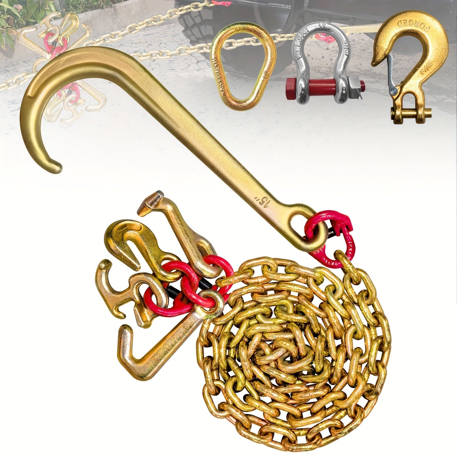 Heavy-Duty 5/16in x 6ft G80 Car Rescue J Hooks Towing Chain - Grab Hooks with 4700lbs WLL, 15in J-Hook, RTJ, Grab & Safety Hook, 5-in-1 V-Bridle Tow Chain for Truck, Farm, Motor Vehicle, Trailer Safety and Recovery