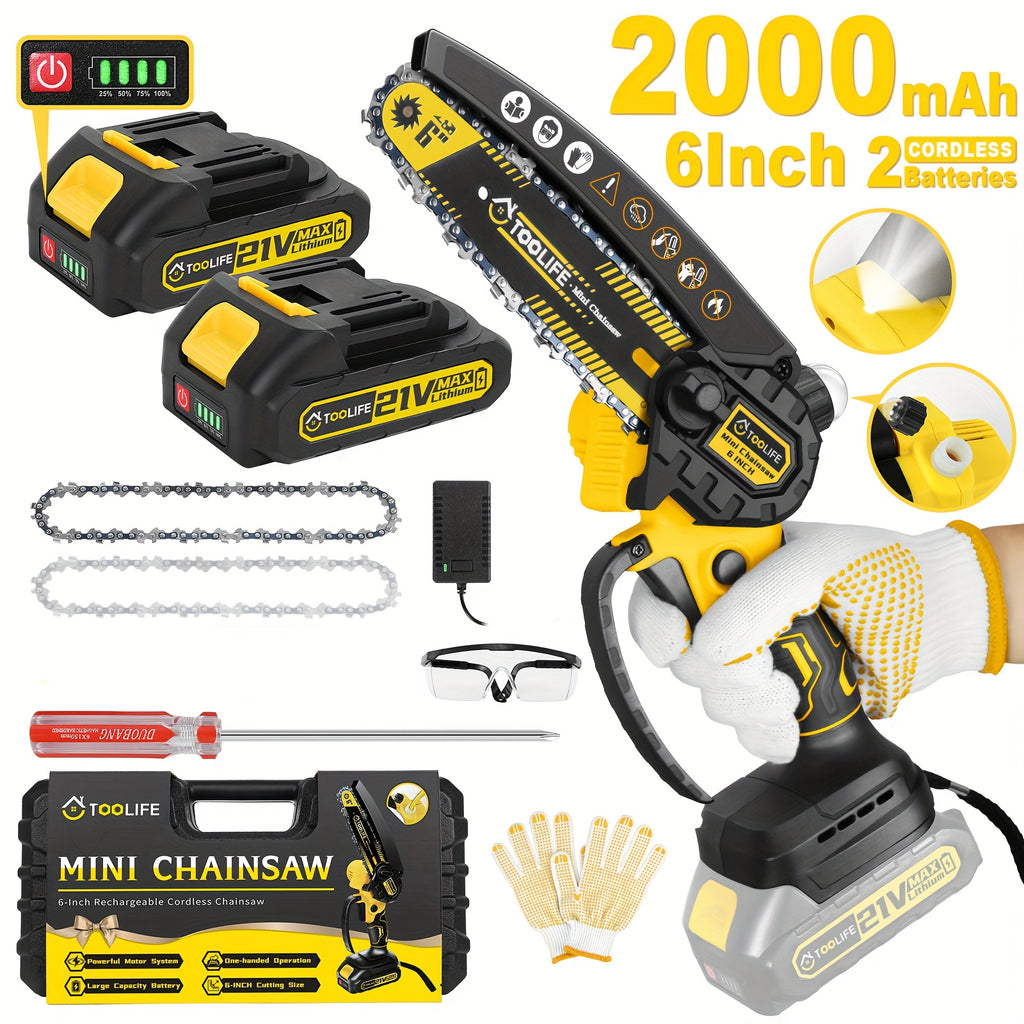 Mini Chainsaw Cordless, 6/12 Inch Handheld Electric Portable Power Chainsaw, 2 Rechargeable Batteries And Toolbox, Tree Trimming Wood Working & Cutting. Courtyard, Household, Survival Outdoor Tools. Gardening Supplies & Equip