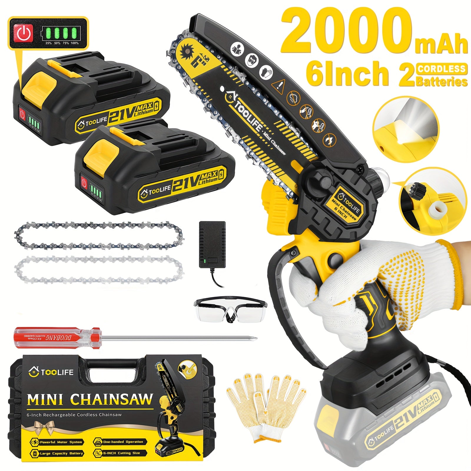 Mini Chainsaw Cordless, 6/12 Inch Handheld Electric Portable Power Chainsaw, 2 Rechargeable Batteries And Toolbox, Tree Trimming Wood Working & Cutting. Courtyard, Household, Survival Outdoor Tools. Gardening Supplies & Equip