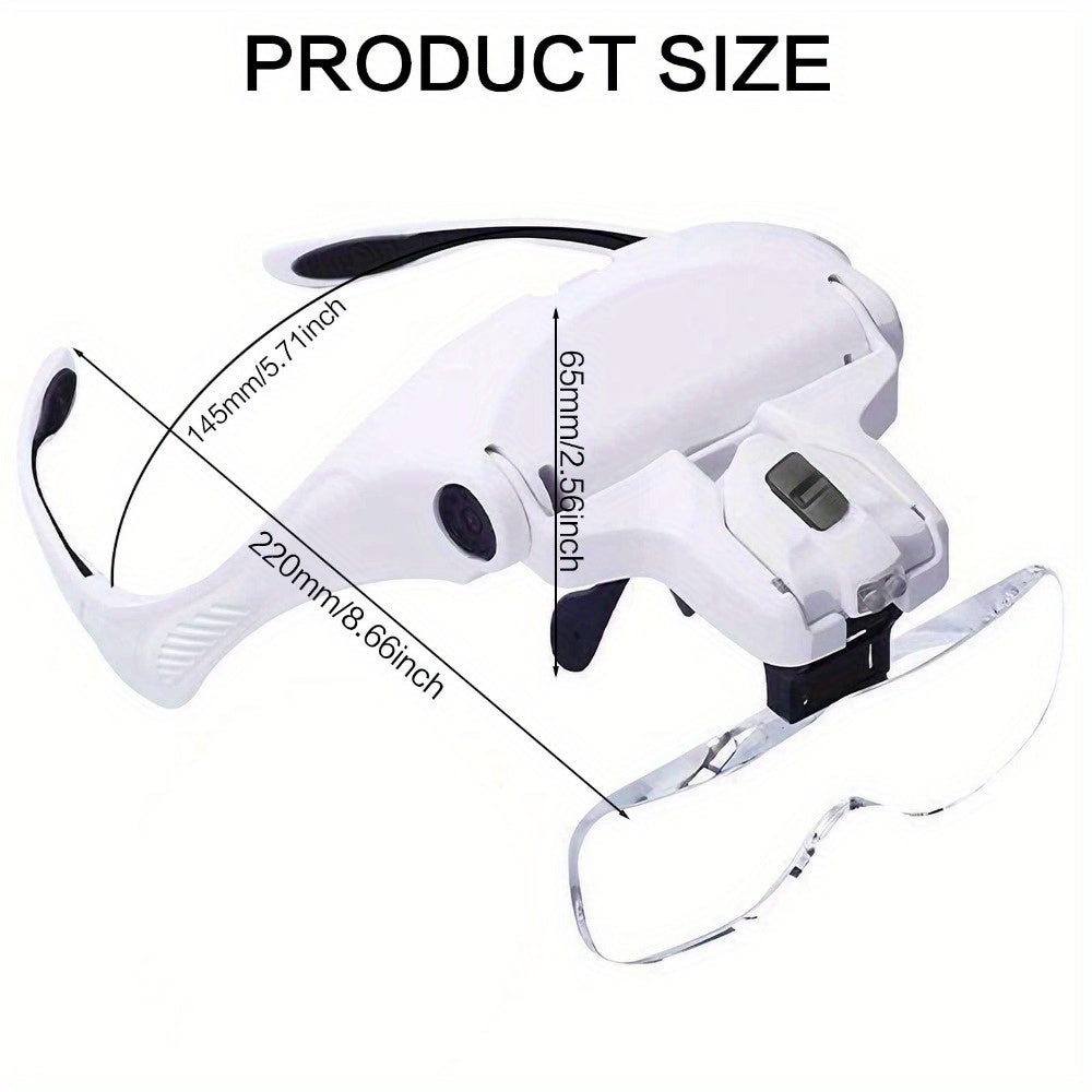 Head-Mounted Magnifier - LED Illumination, Adjustable Headband, Battery Powered with 5 Interchangeable Lenses 1.0X, 1.5X, 2.0X, 3.0X, 4.0X for Reading, Repairing, Jewelry Making, Electronics Maintenance, and Fine Work - Light