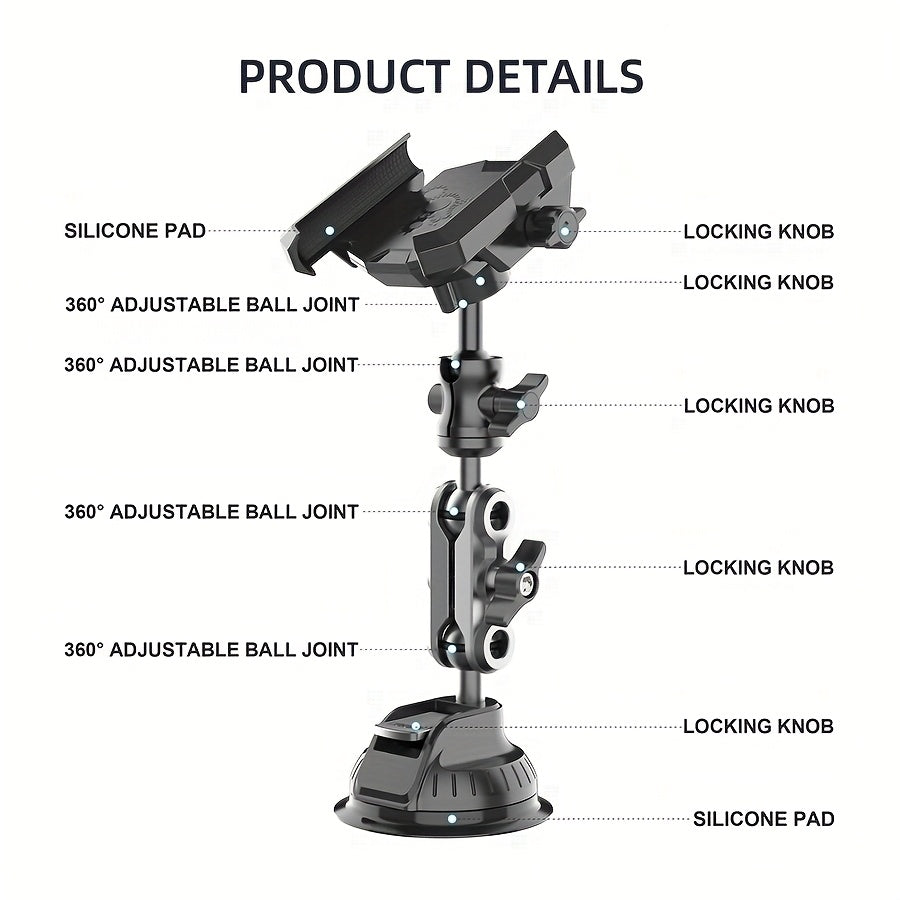 LRBH Aluminum Alloy Car Phone Mount with Adjustable Suction Cup & Metal Clamp Arm, 360° Rotatable Strong Grip for Video Recording, Vlog Shooting, Hands-Free Car Accessories, Car Phone Holder Mount, Geometric Pattern Design,