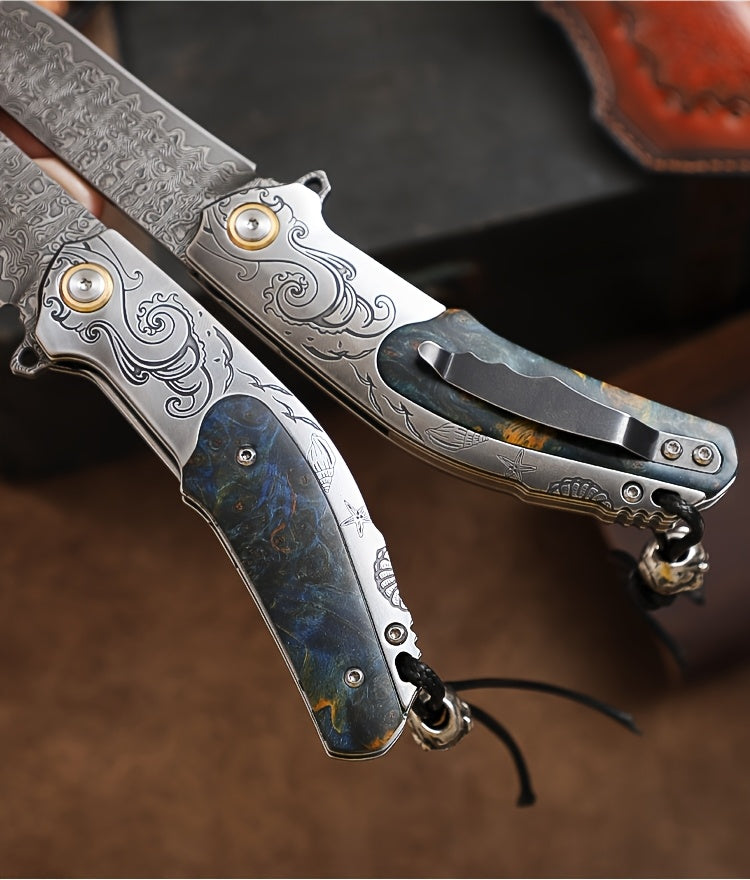 High Quality Men'S Folding Pocket Knife, 3.6 Inch Damascus Steel Folding Knife With Cowhide Sheath, Sea Wave Engraving Pattern, Stabilized Wood Handle With Pocket Clip, Suitable For Camping And Hiking, EDC Expedition Fishing