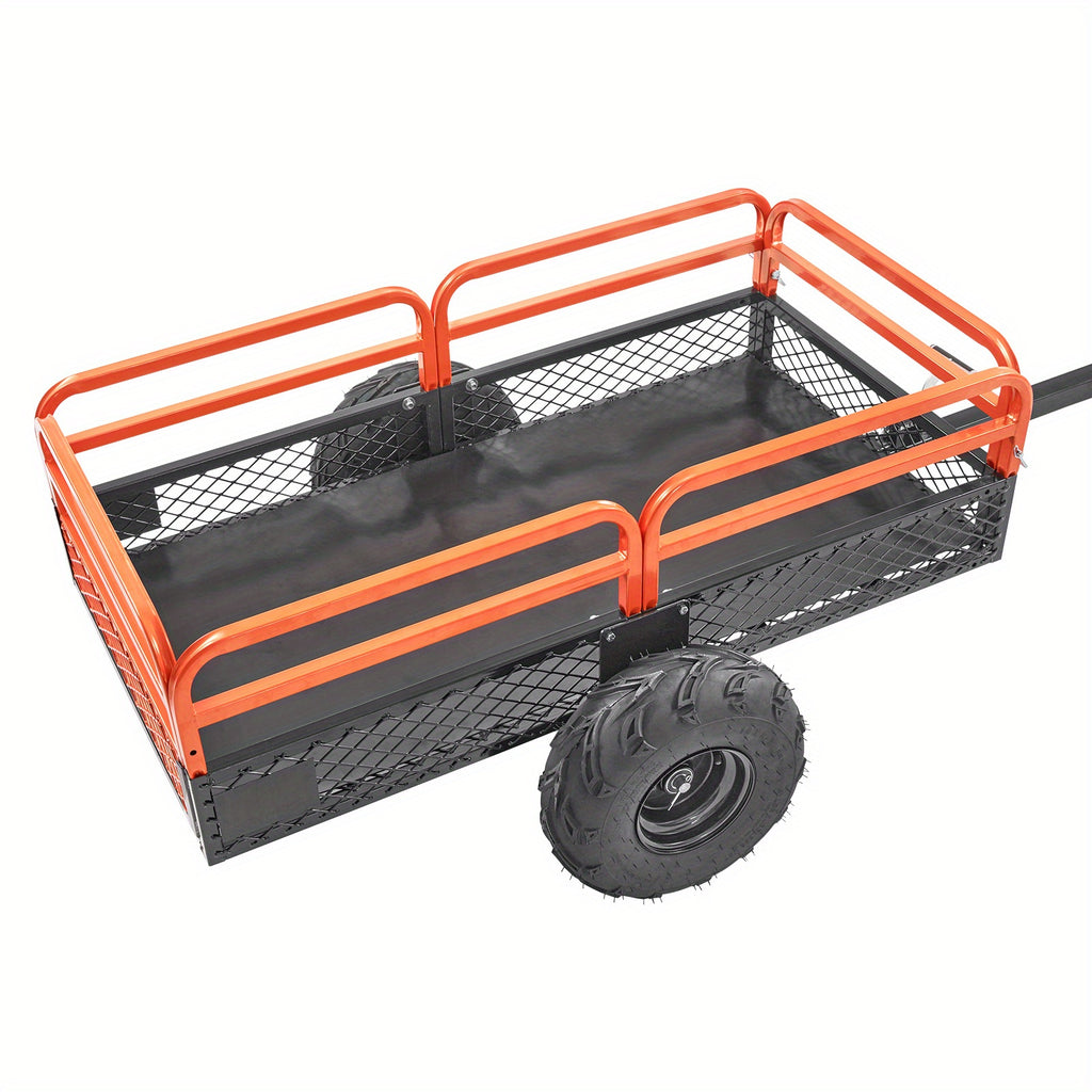 Heavy Duty Steel ATV Dump Trailer, 15 Cubic Feet Capacity, Black & Orange Grid Design with Removable Sides and 2 Tires, Compatible with Mowers, Tractors, ATV, UTV - Ideal for Garden and Farm Use, Outdoor Hauling | Functional