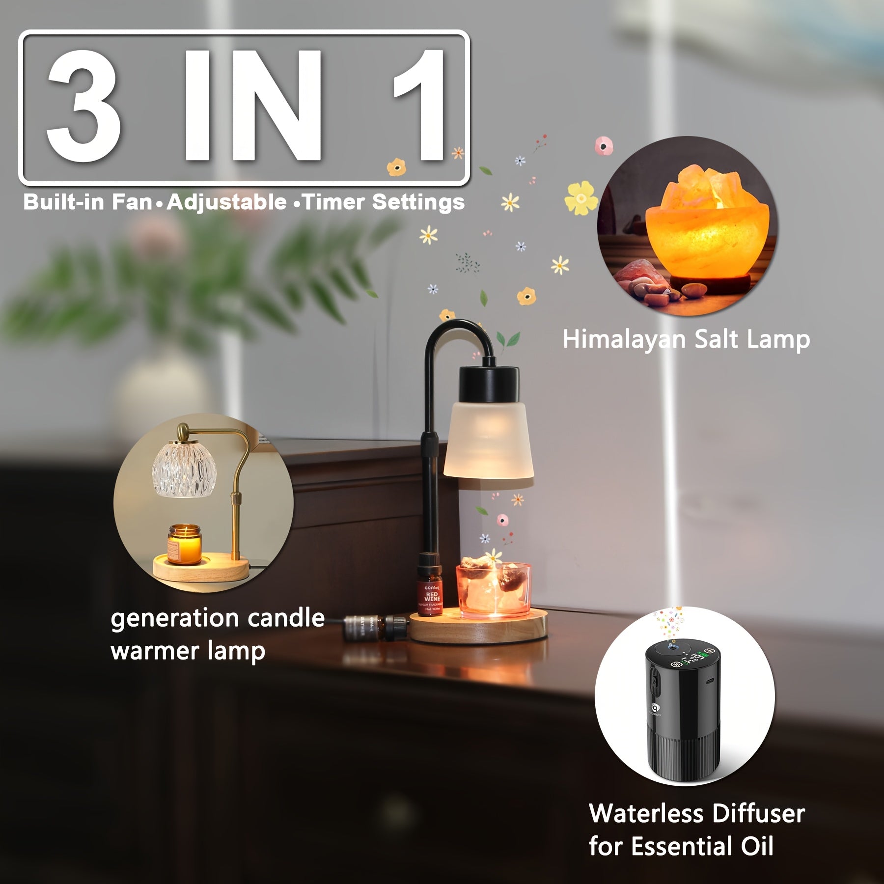 Aroma Therapy Gift Set - Adjustable Glass Candle Warmer Lamp with Himalayan Salt Lamp, Dimmable with Timer, Spice Scented Candle & Wax Melts, Home Decor, 110V-240V US Plug, 2 Bulbs Included, Christmas Present