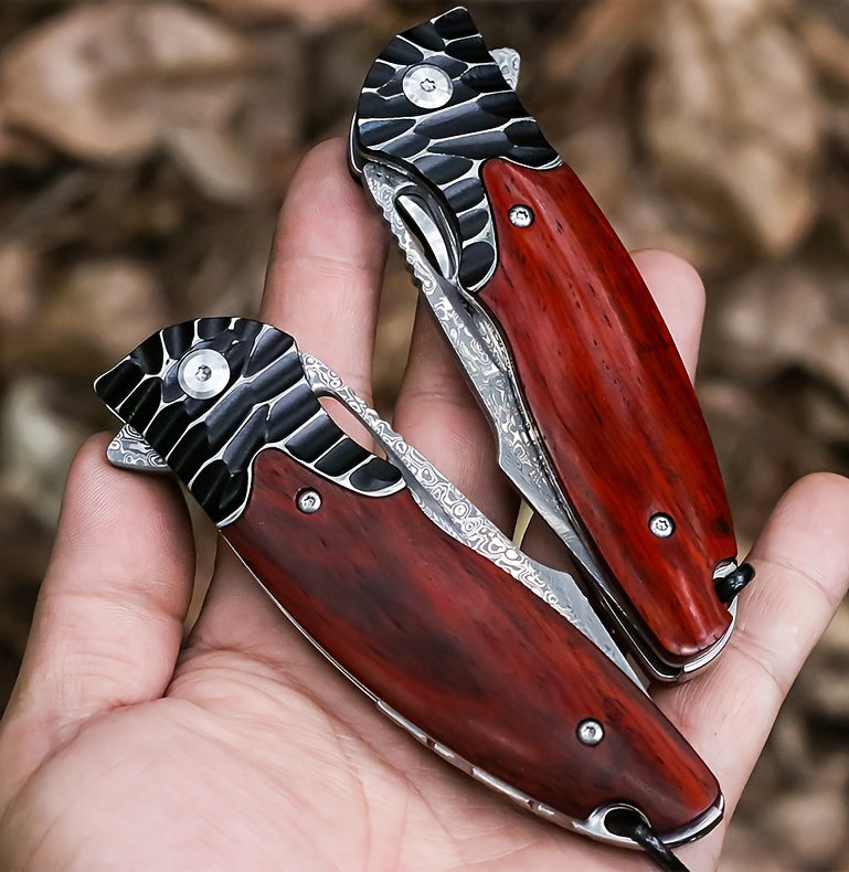 1PCS Damascus Steel Folding Pocket Knife - High-Carbon VG10 Steel Core Blade, RoseWood Handle, Leather Sheath, Compact EDC Tool for Outdoor Camping and Hiking Adventures