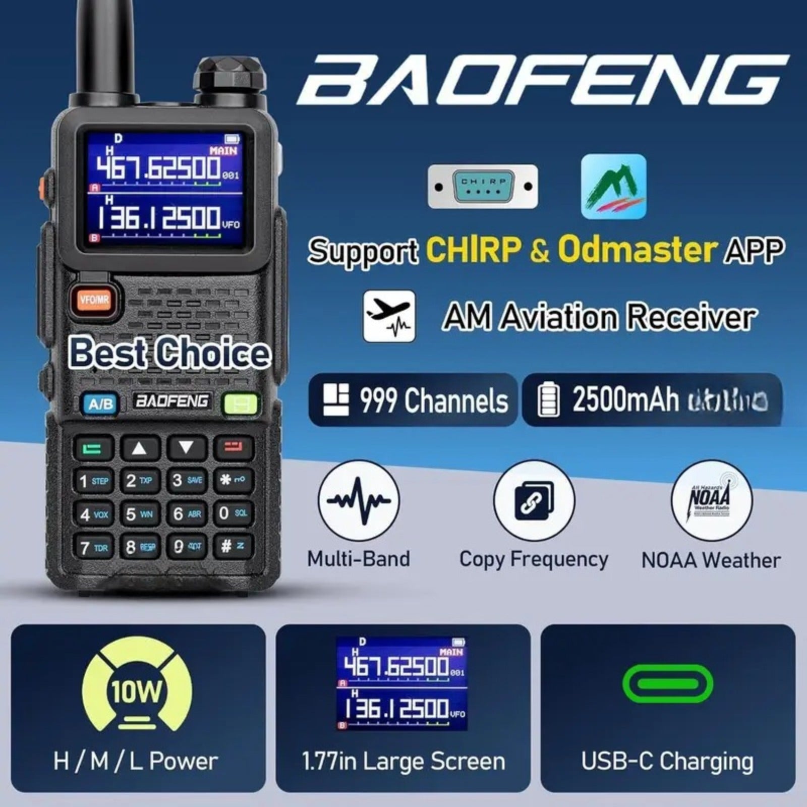 6pcs Baofeng GM-5RH Radio, 10W Walkie Talkies Long Range, Two Way Handheld Radio Ultra-long standby 48-72 hours, Hunting Gear Weather Radio, Survival Gear Walkie Talkie with NOAA, Radios for business safety, hiking, camping,