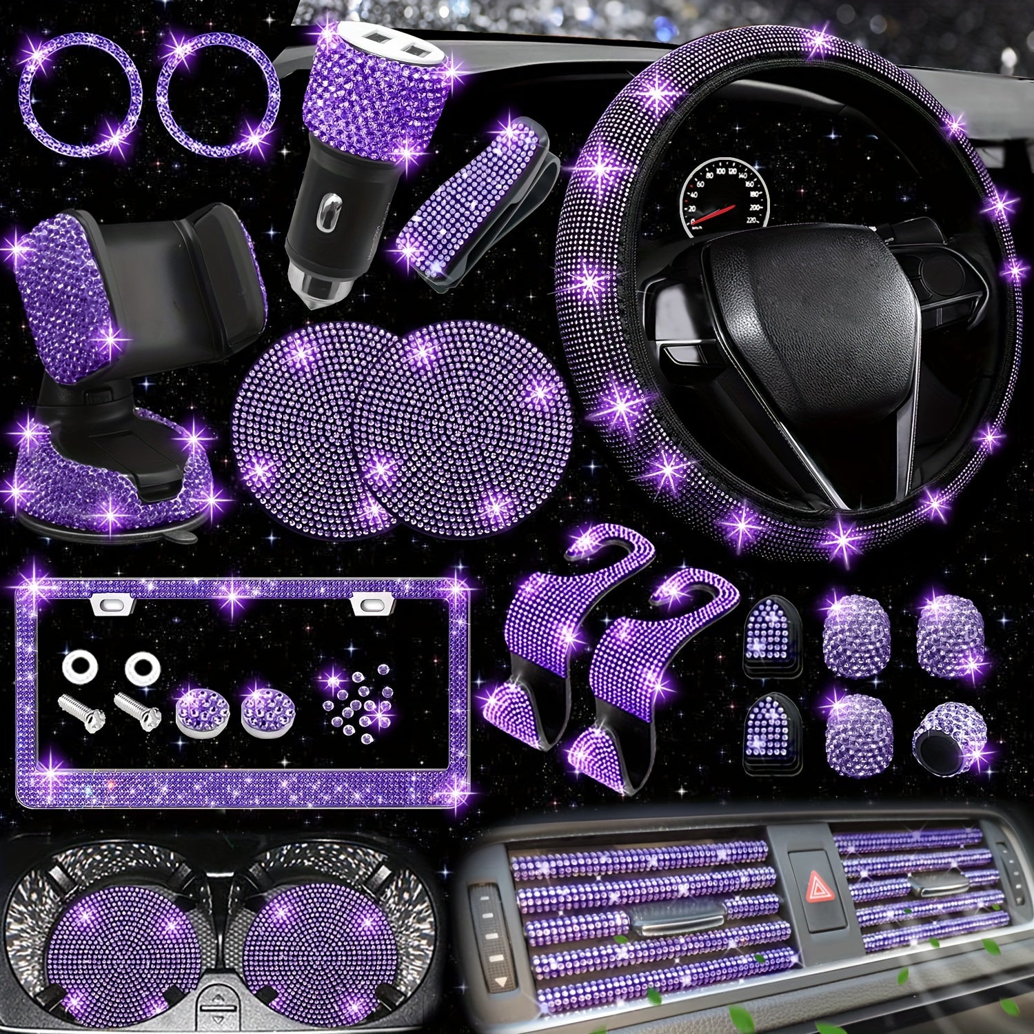 27pcs Bling Car Accessories Set for Women, Bling Steering Wheel Covers Universal Fit 15 Inch, Bling License Plate Frame, Bling Car Phone Holder, Bling Car Coasters, Bling Car Fast Charger, Bling Valve Caps