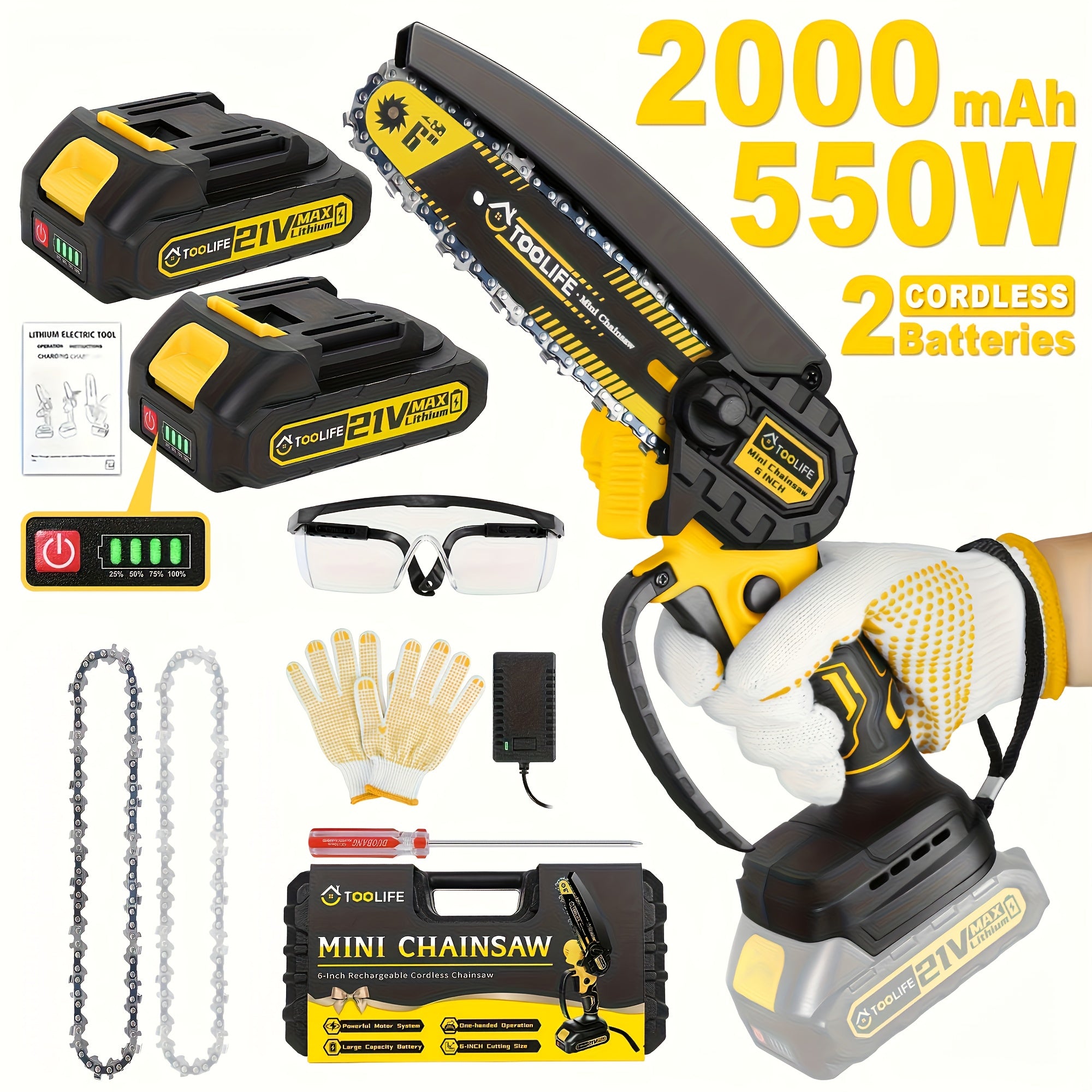 Mini Chainsaw Cordless, 6/12 Inch Handheld Electric Portable Power Chainsaw, 2 Rechargeable Batteries And Toolbox, Tree Trimming Wood Working & Cutting. Courtyard, Household, Survival Outdoor Tools. Gardening Supplies & Equip