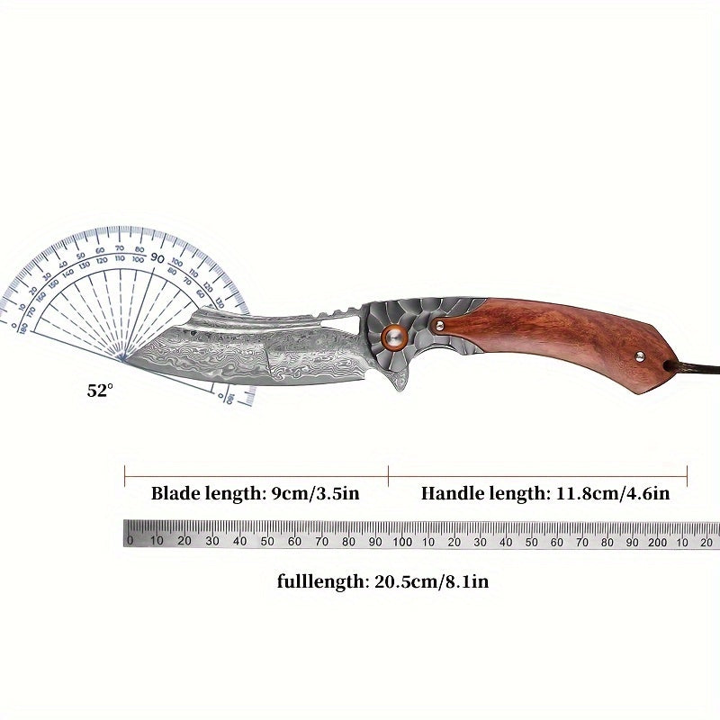 1PC High Quality Handmade Damascus Steel Folding Pocket Knife With Leather Sheath, Pocket Back Clip, Rosewood Handle, Men's EDC Pocket Knife, Outdoor Camping, Mountaineering Adventure, Traveling Fishing Tool Knife