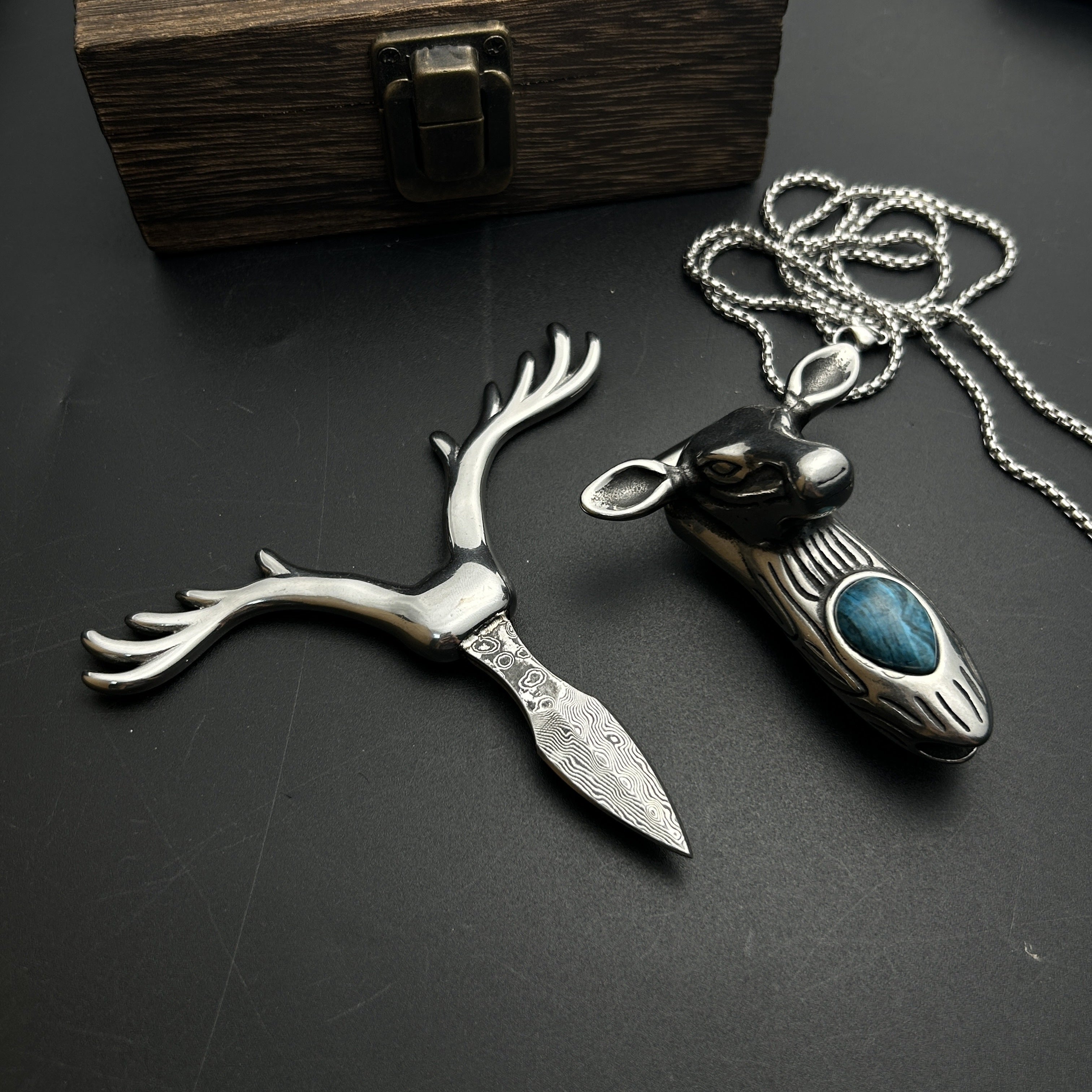 Damascus Steel 316 Stainless Steel Tea Knife Coffee Synthetic Crystal Longhorn Christmas Pendant Necklace Clasp, Paper Cutter, Box Opener Pocket Knife EDC