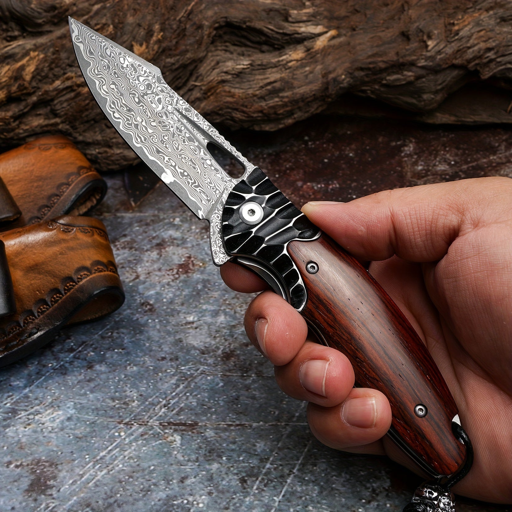 1PCS Damascus Steel Folding Pocket Knife - High-Carbon VG10 Steel Core Blade, RoseWood Handle, Leather Sheath, Compact EDC Tool for Outdoor Camping and Hiking Adventures