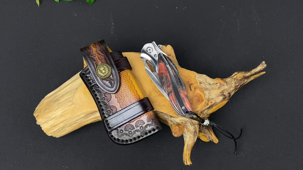 1 Piece, Damascus Steel Folding Pocket Knife, Premium Quality High Hardness Knife With Leather Sheath, Stabilized Cured Wood Handle, EDC Camping And Fishing Knife, Great For Adventure, Outdoor Hiking Tools, Men's Folding Knif