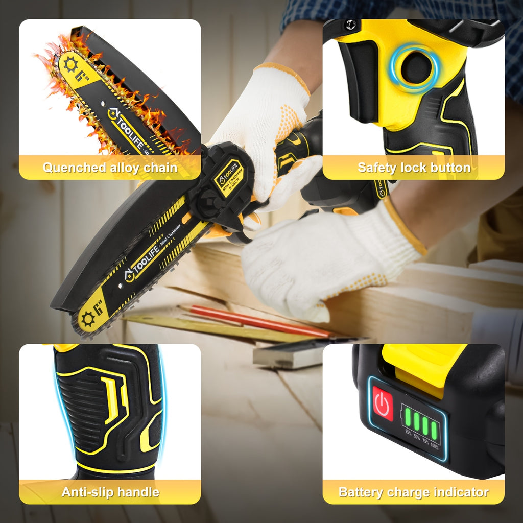 Mini Chainsaw Cordless, 6/12 Inch Handheld Electric Portable Power Chainsaw, 2 Rechargeable Batteries And Toolbox, Tree Trimming Wood Working & Cutting. Courtyard, Household, Survival Outdoor Tools. Gardening Supplies & Equip