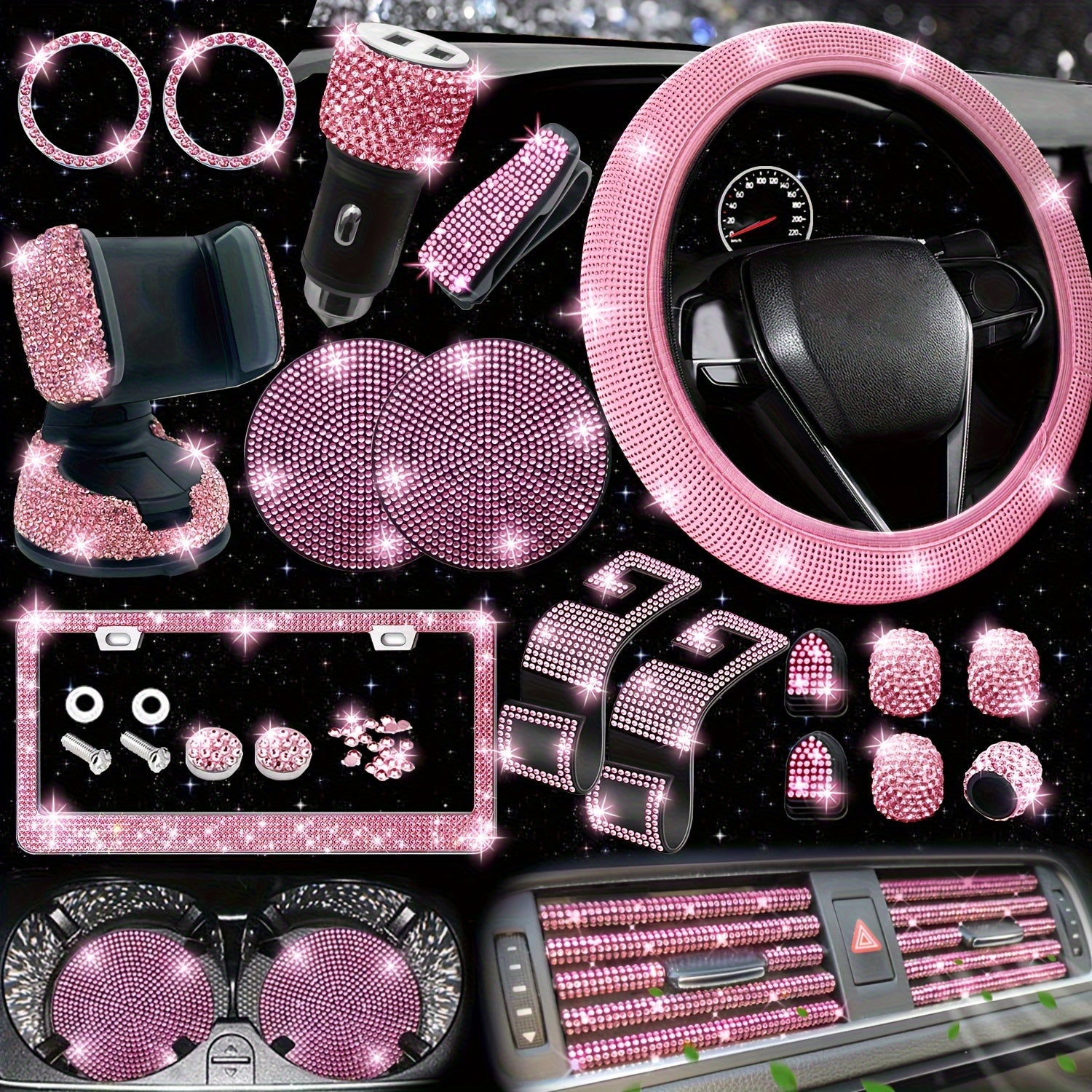 27pcs Bling Car Accessories Set for Women, Bling Steering Wheel Covers Universal Fit 15 Inch, Bling License Plate Frame, Bling Car Phone Holder, Bling Car Coasters, Bling Car Fast Charger, Bling Valve Caps