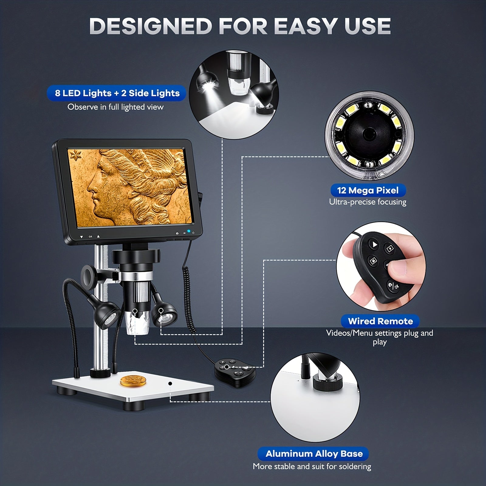 Rievbcau 7-Inch Hd Digital Microscope With 1200X Magnification - Perfect For Electronics Repair & Photography