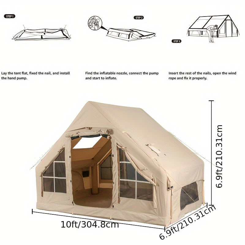 Inflatable Camping Tents With Hand Pump, Air Glamping Tents, Easy Setup Waterproofand Windproof Blow Up Tent, 4 Seasons Oxford Cabin Tent With Mesh & Chimney Window