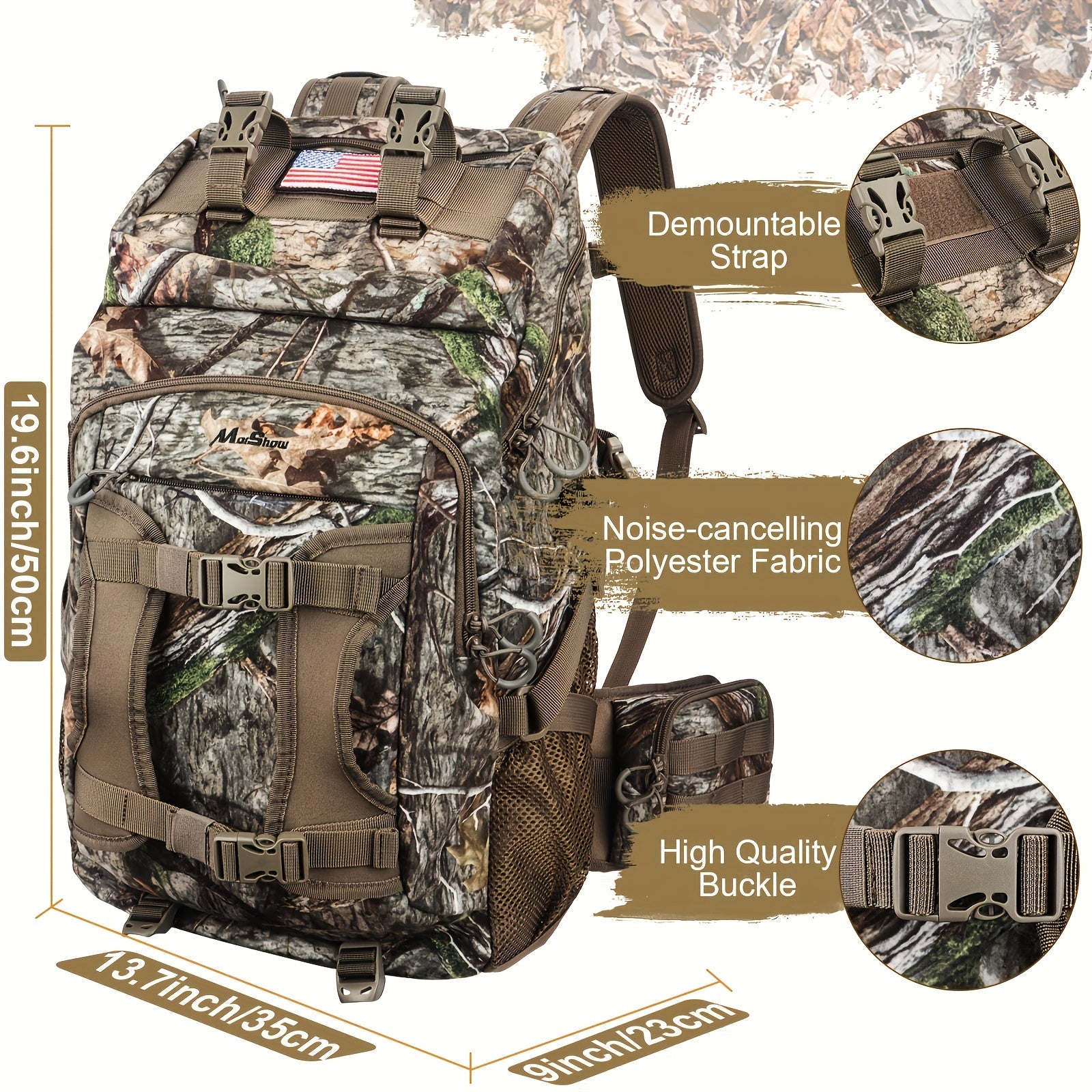 FunVZU High Quality Camo Hunting Backpack with Rain Cover - Large Capacity Softshell Design, Diamond Pattern & American Flag Patch, Adjustable Straps for Rifle, Bow, Gun Hunting Gear