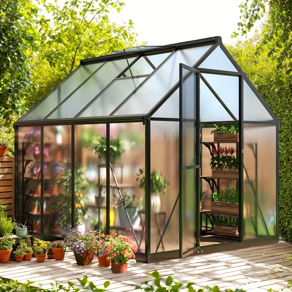 AirWire Heavy-Duty Walk-In Greenhouse with UV-Resistant Polycarbonate Panels & Large Black Aluminum Frame - Easy Assembly, Lockable Door & Roof Vent System, All-Weather Outdoor Garden Greenhouse for Backyard, Balcony, Urban F