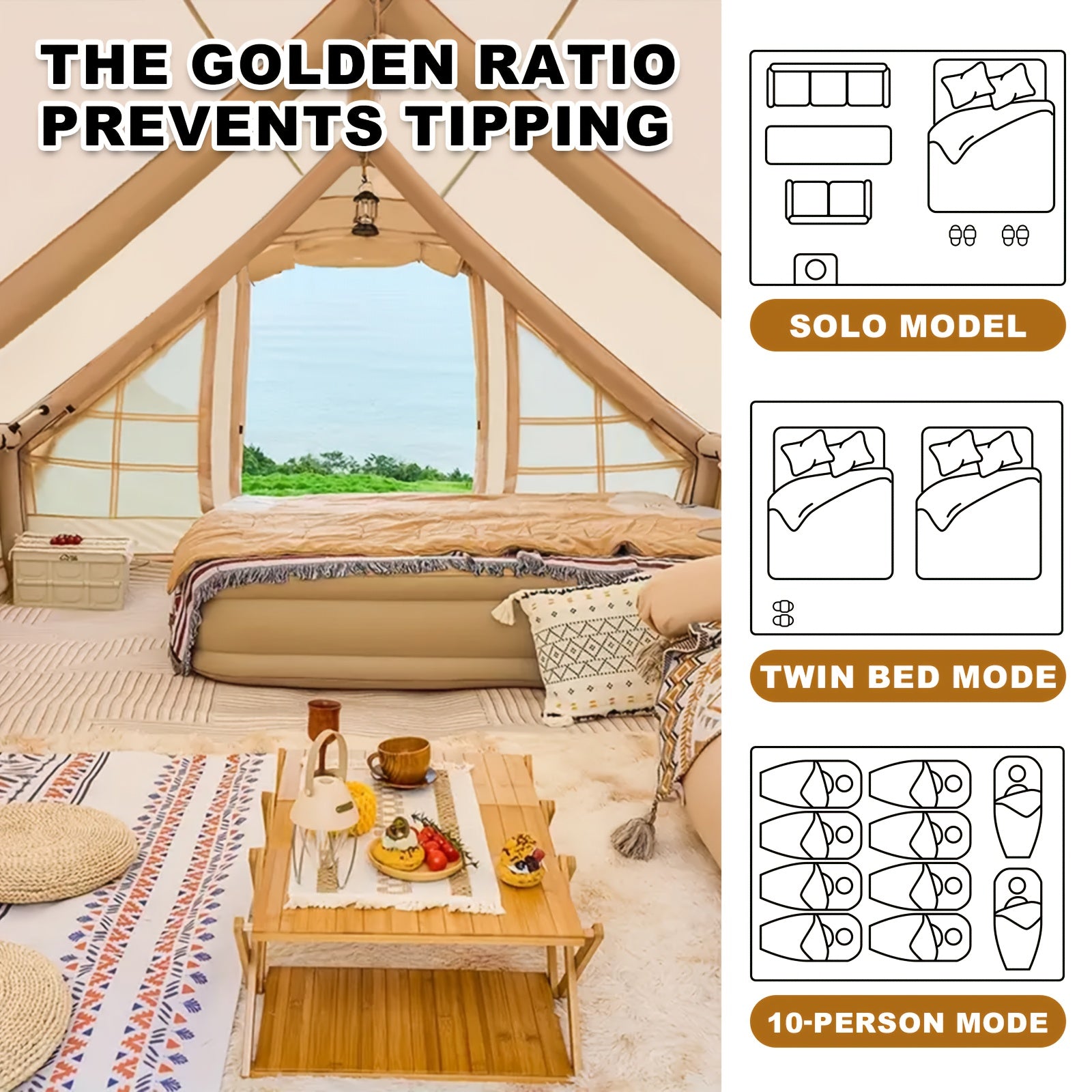 8-10 Person Inflatable Camping Tents, 129 SqFt Large Air Tent, Winter Blow Up Tent with Stove Pipe Port, 4-Season Glamping Tent with Large Mesh Windows& Zipper Closure, for Couples, Group And Family