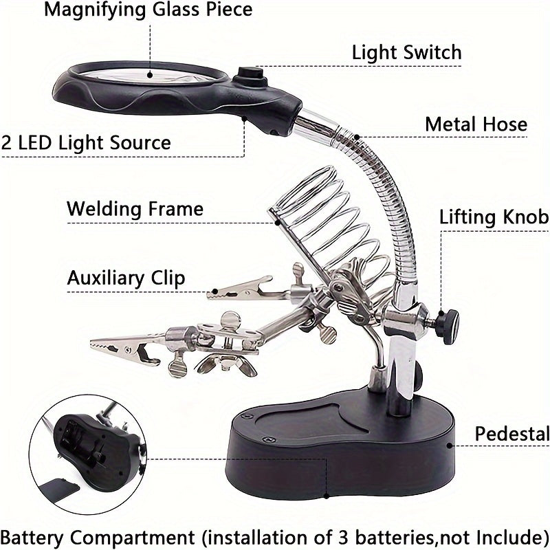 Professional Electronic Inspection & Repair Station with Built-in Lighted Magnifying Glass - Heavy-Duty Adjustable Folding Stand, Ergonomic Base, Battery-Powered (Low Voltage) - for Electronics Repair, Watchmaking, Jewelry, M