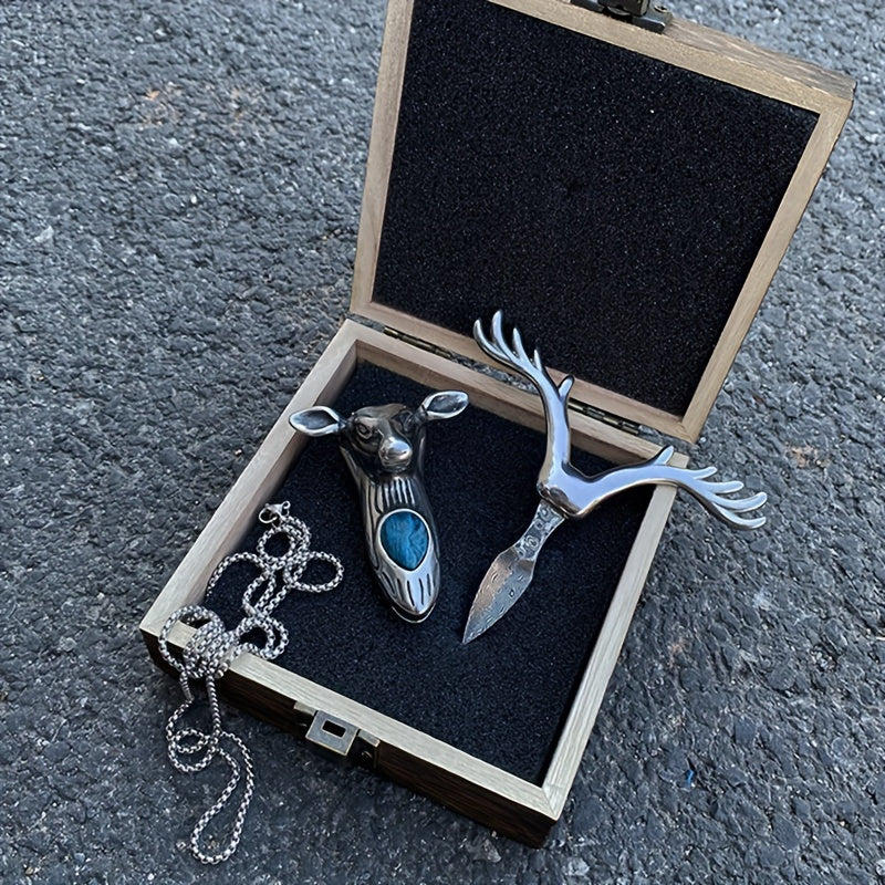 Damascus Steel 316 Stainless Steel Tea Knife Coffee Synthetic Crystal Longhorn Christmas Pendant Necklace Clasp, Paper Cutter, Box Opener Pocket Knife EDC