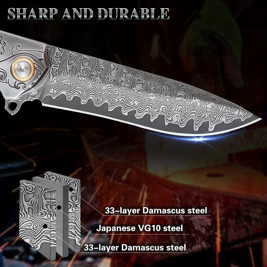 High Quality Men'S Folding Pocket Knife, 3.6 Inch Damascus Steel Folding Knife With Cowhide Sheath, Sea Wave Engraving Pattern, Stabilized Wood Handle With Pocket Clip, Suitable For Camping And Hiking, EDC Expedition Fishing