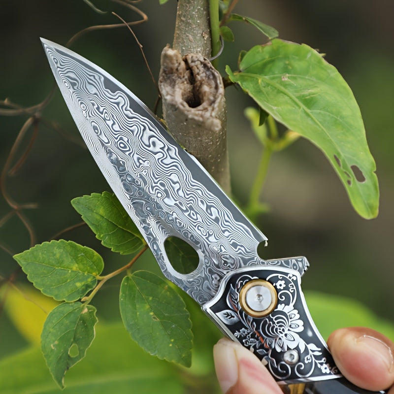 Elite Damascus Steel Pocket Knife - High-Carbon, Razor-Sharp, Ergonomic Maple Handle, Premium Sheath, Ultimate Camping, Survival, Mountaineering, Hiking, Fishing, EDC Companion for Men and Women