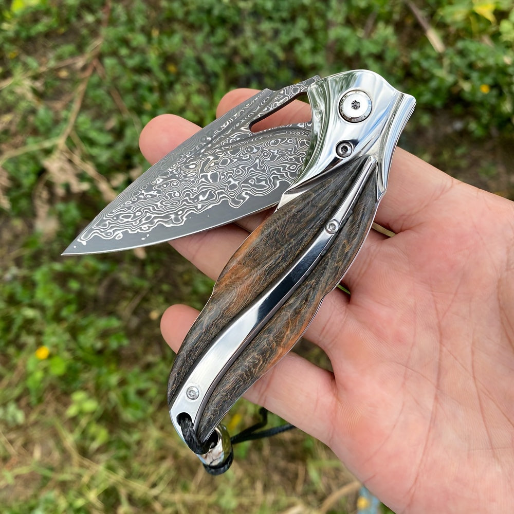 1 Piece, Damascus Steel Folding Pocket Knife, Premium Quality High Hardness Knife With Leather Sheath, Stabilized Cured Wood Handle, EDC Camping And Fishing Knife, Great For Adventure, Outdoor Hiking Tools, Men's Folding Knif