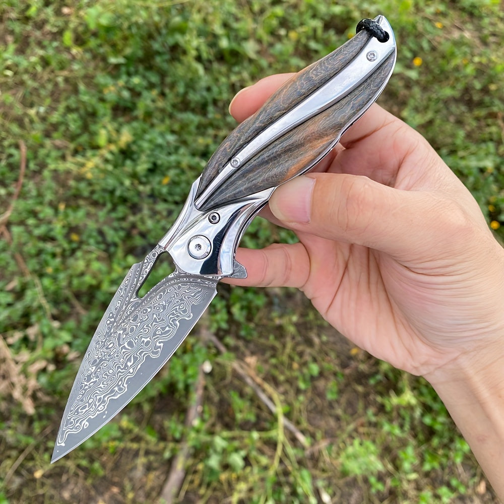 1 Piece, Damascus Steel Folding Pocket Knife, Premium Quality High Hardness Knife With Leather Sheath, Stabilized Cured Wood Handle, EDC Camping And Fishing Knife, Great For Adventure, Outdoor Hiking Tools, Men's Folding Knif