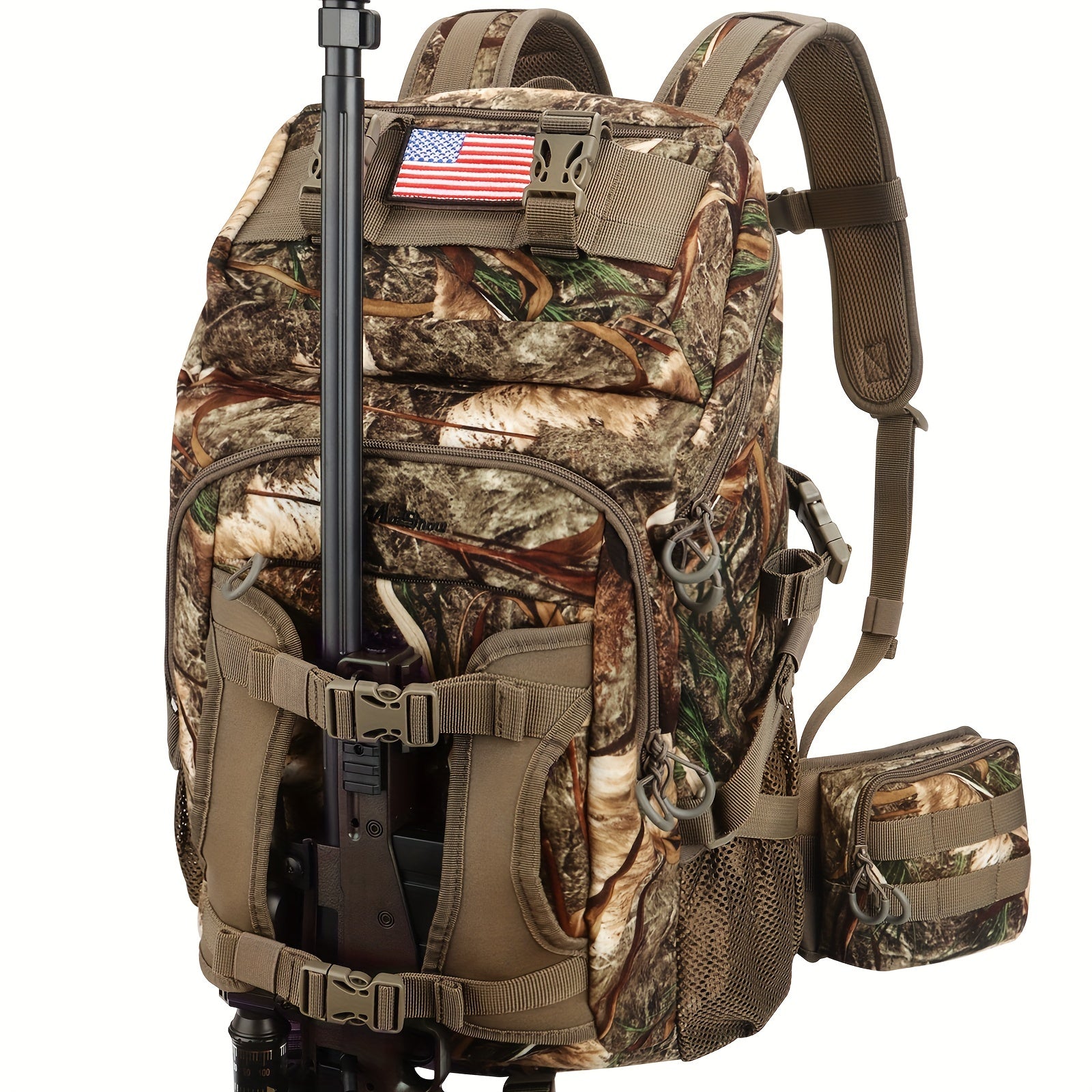 FunVZU High Quality Camo Hunting Backpack with Rain Cover - Large Capacity Softshell Design, Diamond Pattern & American Flag Patch, Adjustable Straps for Rifle, Bow, Gun Hunting Gear