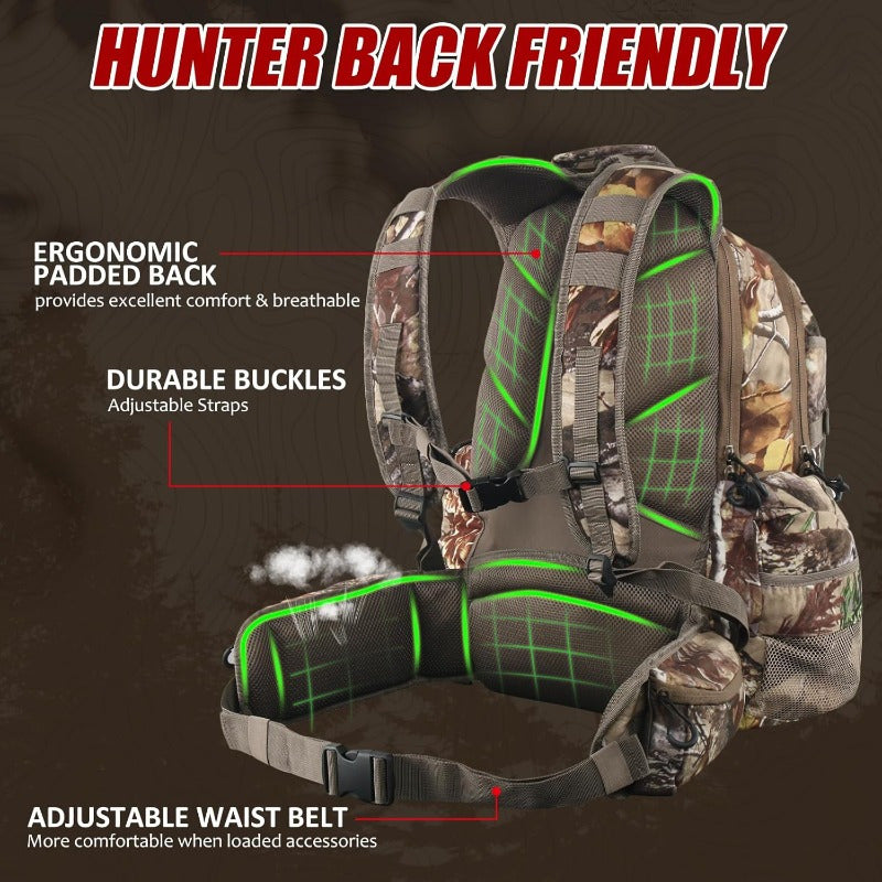 6.6gal Hunting Backpack with Waterproof Rain Cover Large Capacity Day Pack with Holder Men Women Deer Hunting Gear Hunting Accessories Camo PineCones