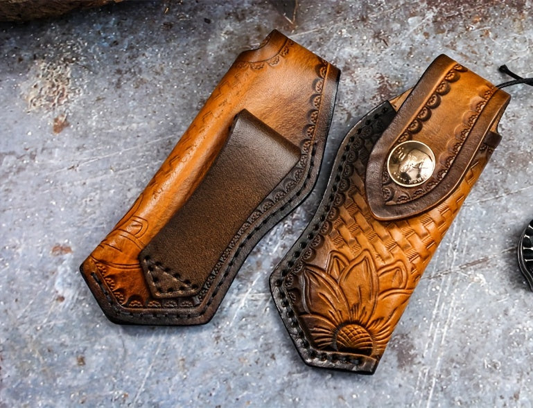 1PCS Damascus Steel Folding Pocket Knife - High-Carbon VG10 Steel Core Blade, RoseWood Handle, Leather Sheath, Compact EDC Tool for Outdoor Camping and Hiking Adventures