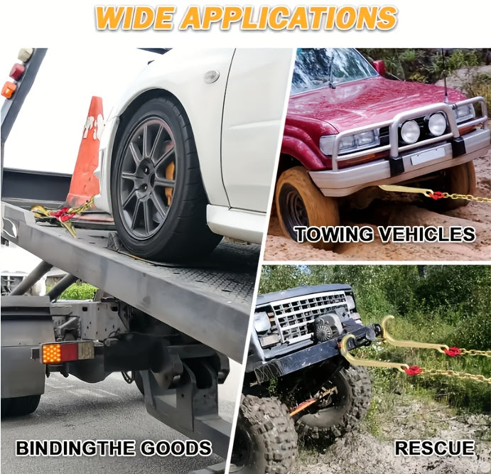 Heavy-Duty 5/16in x 6ft G80 Car Rescue J Hooks Towing Chain - Grab Hooks with 4700lbs WLL, 15in J-Hook, RTJ, Grab & Safety Hook, 5-in-1 V-Bridle Tow Chain for Truck, Farm, Motor Vehicle, Trailer Safety and Recovery